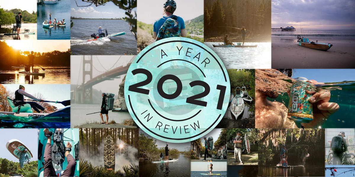 Collage of many outdoor photos of people on and near water in many different locations with a blue and black circle logo that says " A year in review : 2021"