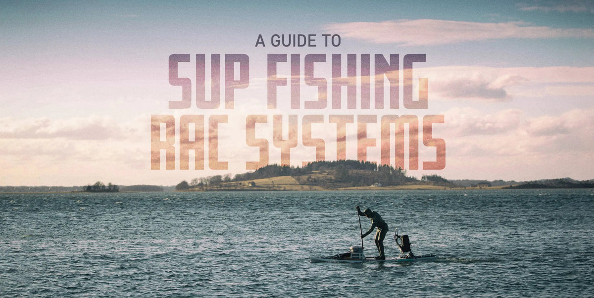 Paddle boarder on the water at sunset with his Rac fishing system with text that reads: "SUP FISHING RAC SYSTEMS"