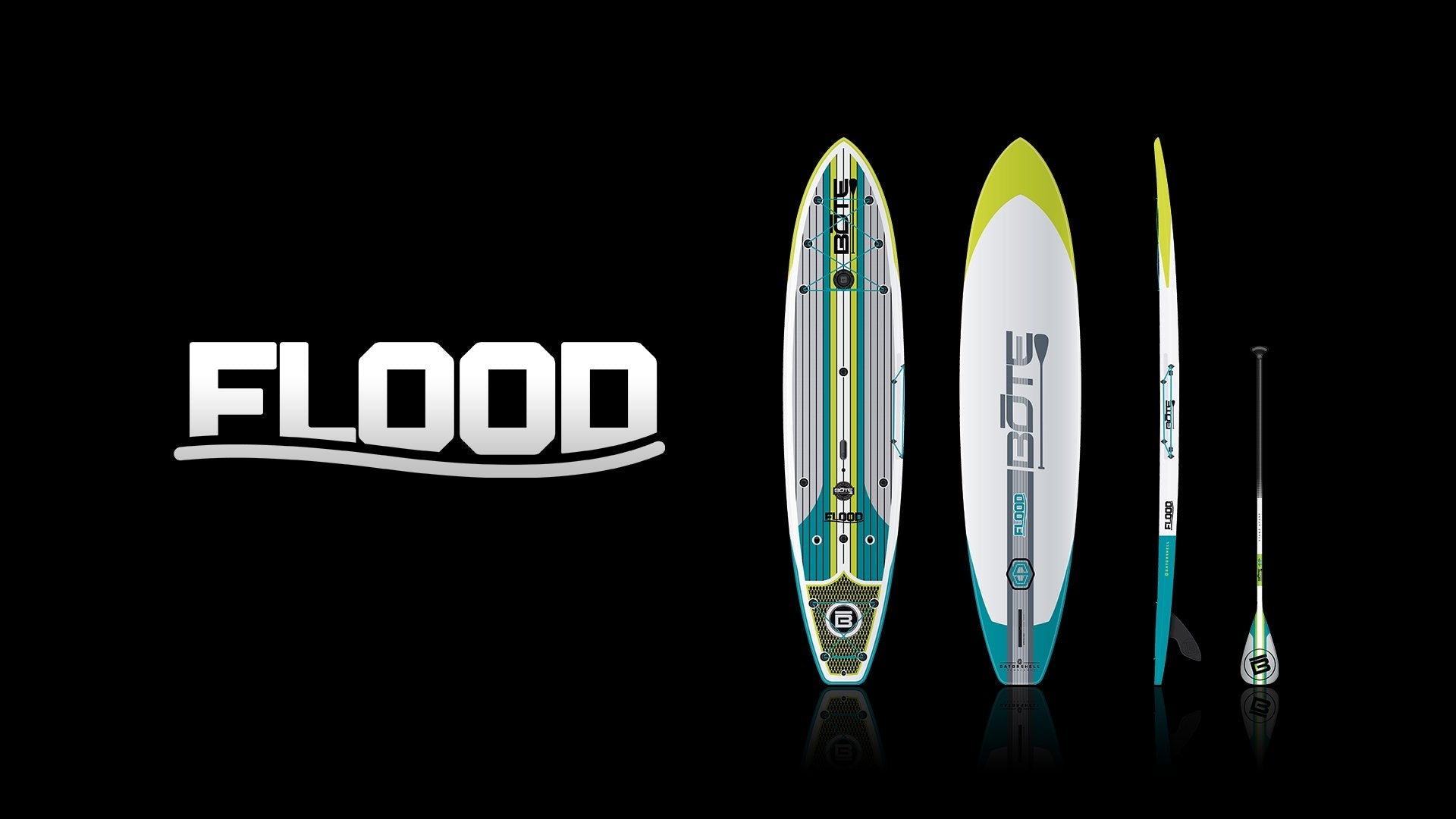 Flood inflatable paddle board kit displayed with board and paddle on a black background.