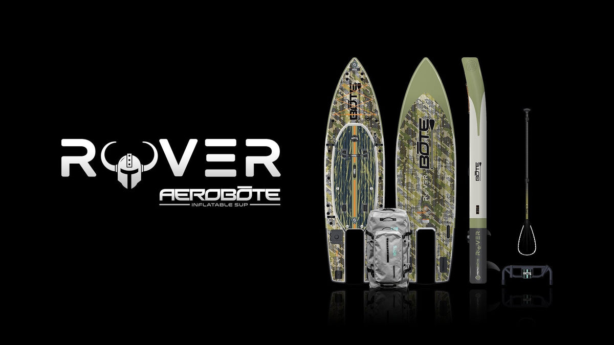 Rover Aero inflatable paddle board kit with camo-pattern boards, paddle, pump, and backpack displayed beside the Rover logo on a black background.