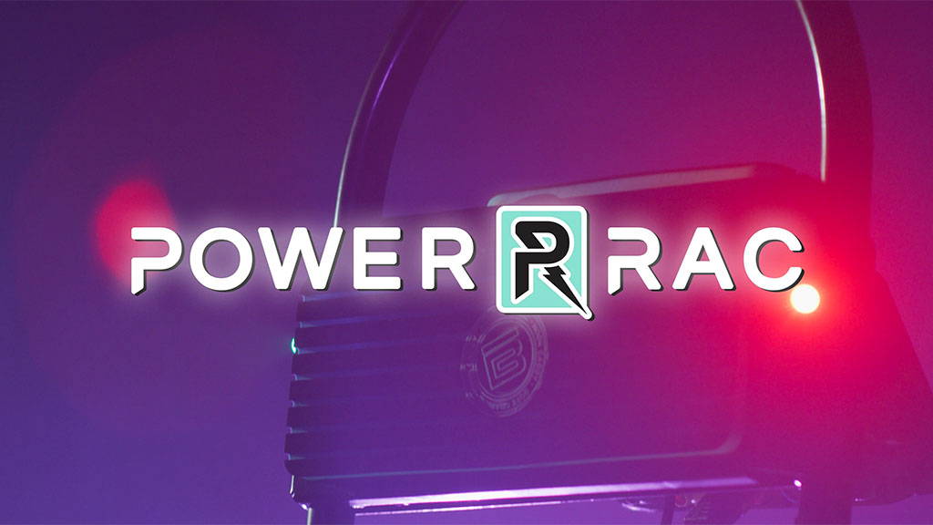 Text reading “Power Rac” over a glowing Power Rac with purple and red lighting.