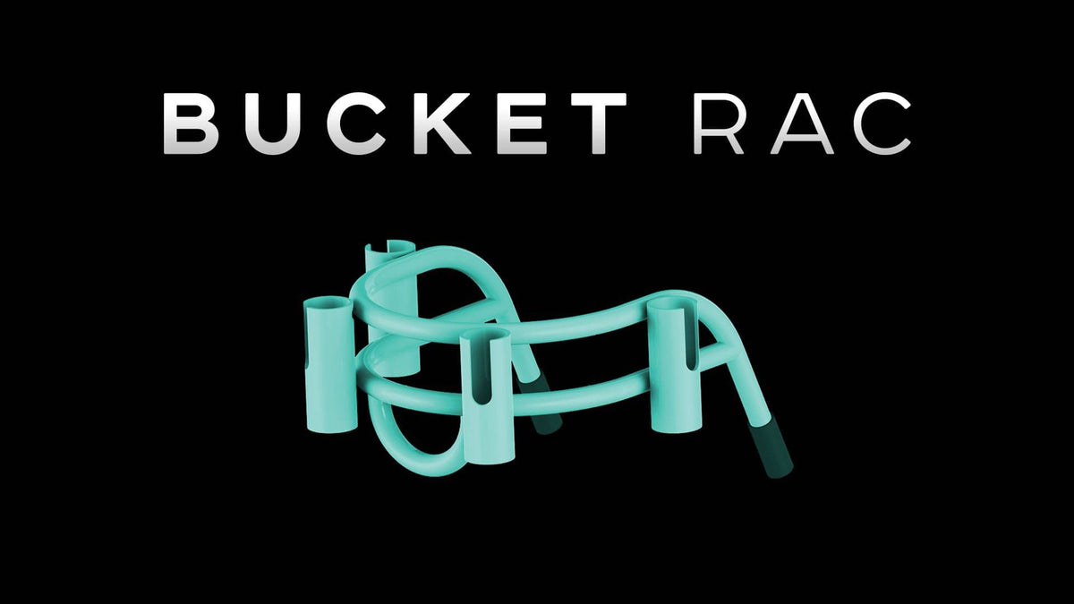 Teal Bucket Rac WITH tubes AND text reading “Bucket Rac” on a black background.