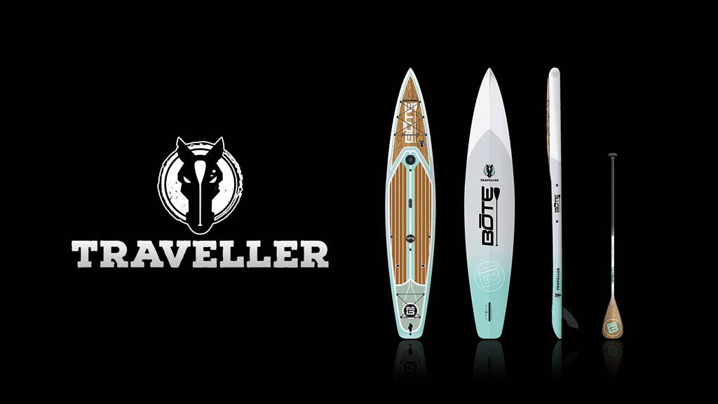Traveller Aero inflatable paddle board set with board, paddle, and accessories shown beside the Traveller logo on a black background.