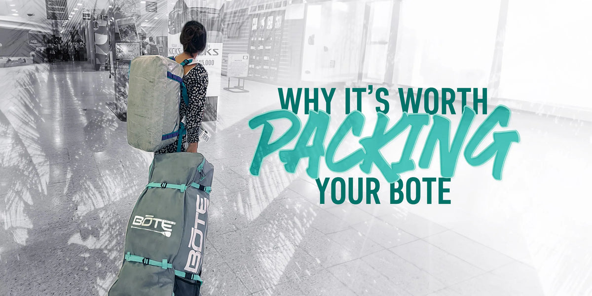 Person going through an airport with a BOTE roller bag and words saying " WHY IT'S WORTH PACKING YOUR BOTE"