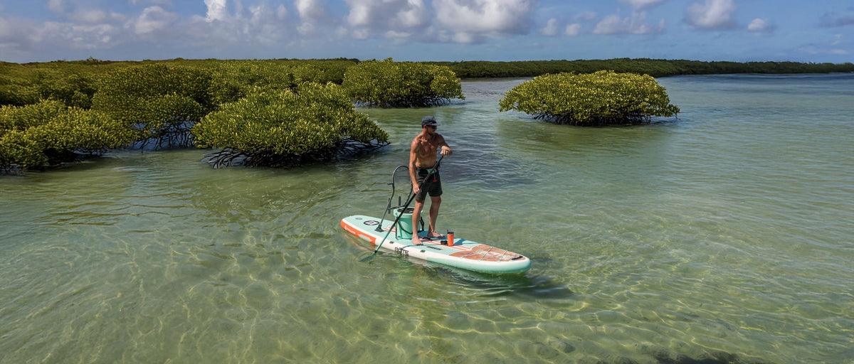 Two people paddling on BOTE Inflatable Paddle Boards