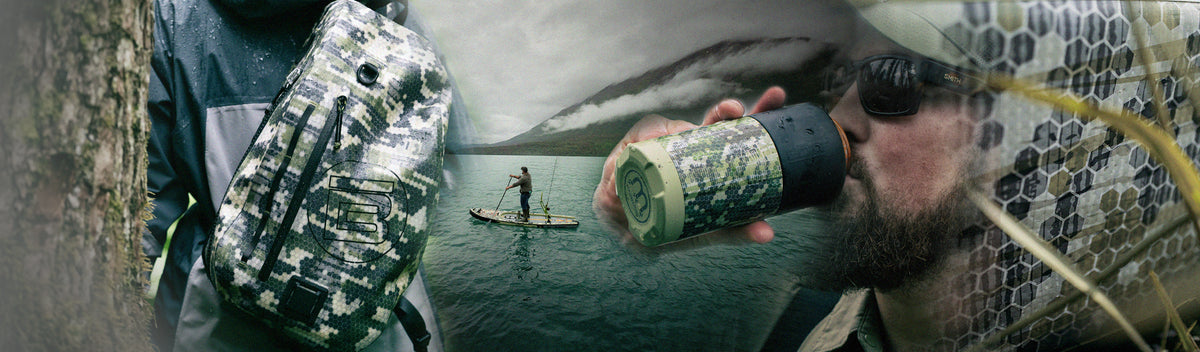 Collage showing camo backpack, drinkware, and man paddle boarding on lake.