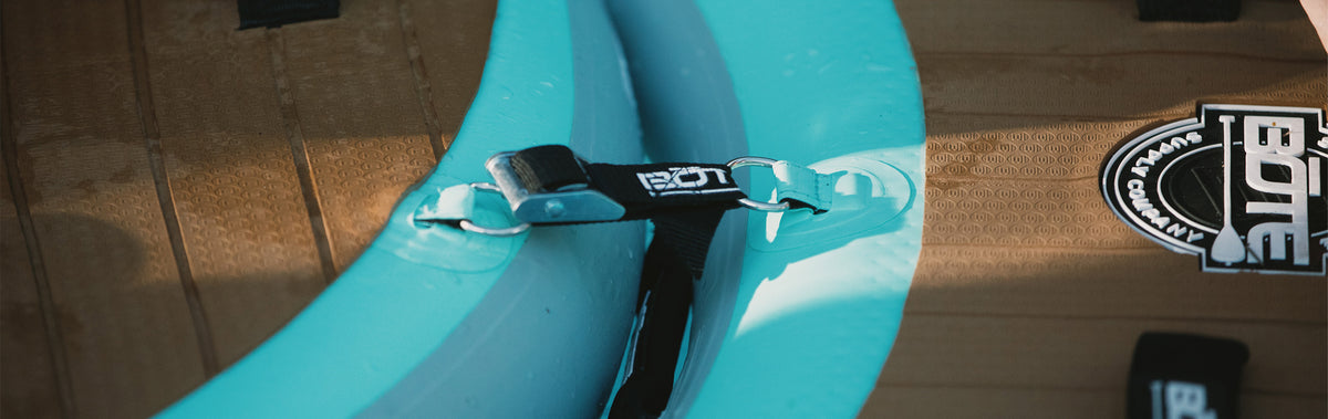 Close-up of connection straps on inflatable docks.