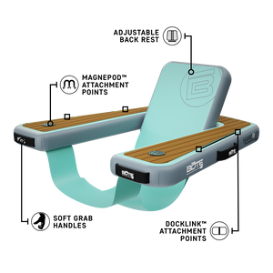 Angled view of a turquoise Hangout Chair showing labeled features and wood-style armrests.