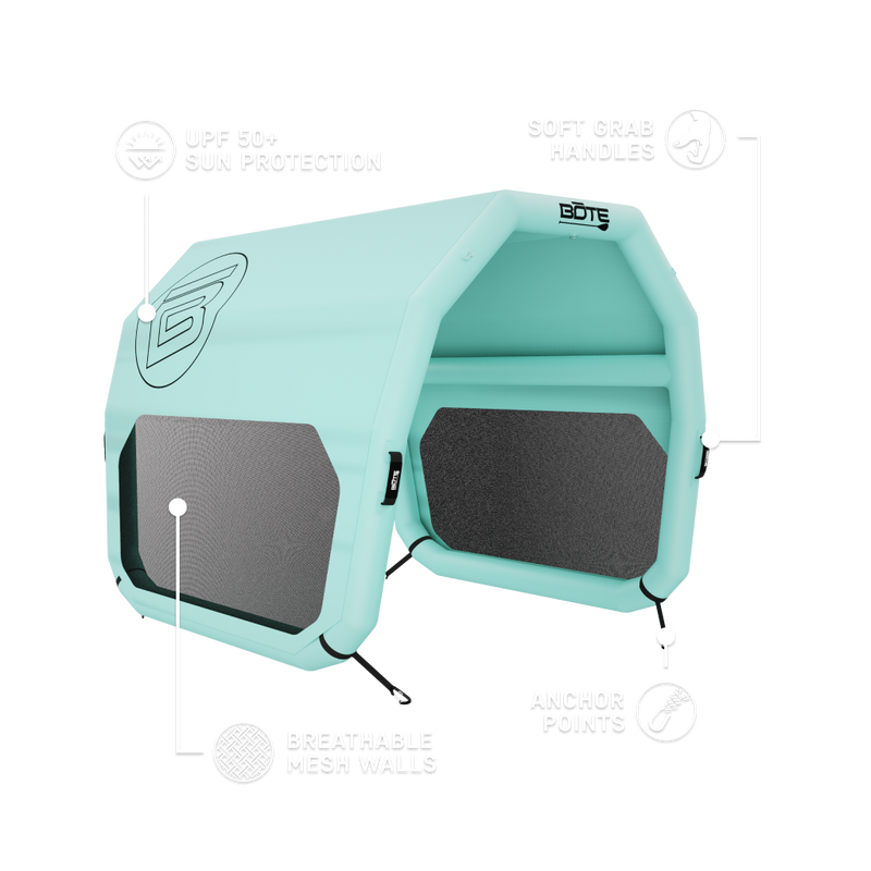 Turquoise inflatable shade tent with gray mesh panels on a white background with black BOTE logo. There are extra tech details calling out UPF 50+ Sun protection, soft grab handles, anchor points, and breathable mesh walls.