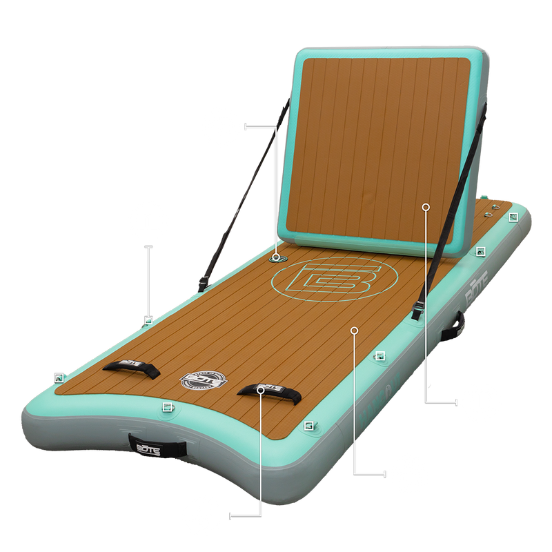 Inflatable Hangout Lounge floating lounge chair with feature callouts labeled.