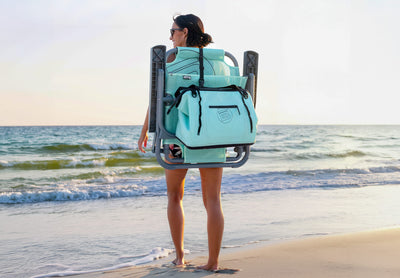 Rear view of person wearing Mule Tote attached to chair while standing at shoreline.