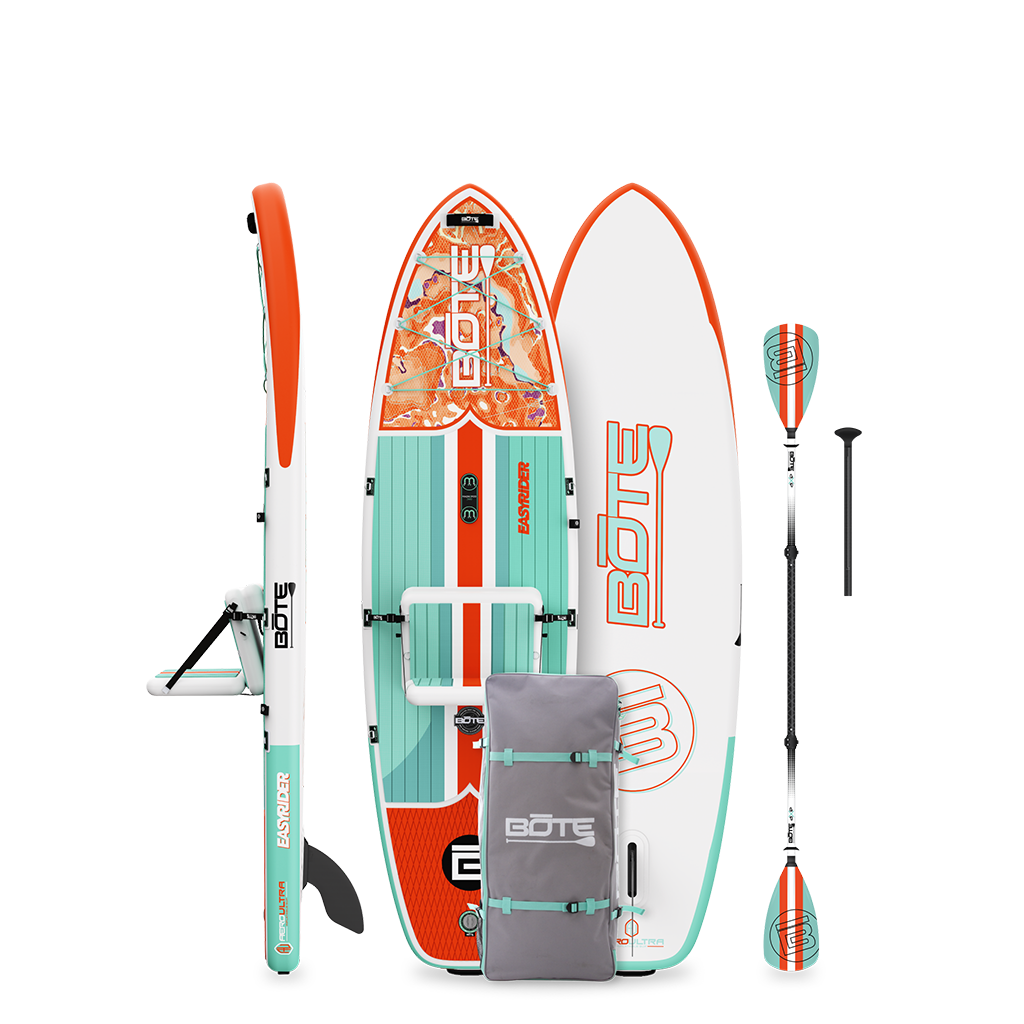 Side, top, and bottom views of the EasyRider Aero, shown with carry bag and paddle.