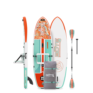 Side, top, and bottom views of the EasyRider Aero, shown with carry bag and paddle.