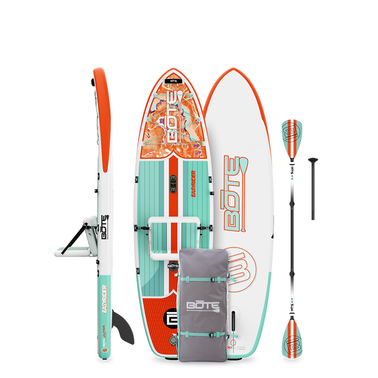 Side, top, and bottom views of the EasyRider Aero, shown with carry bag and paddle.