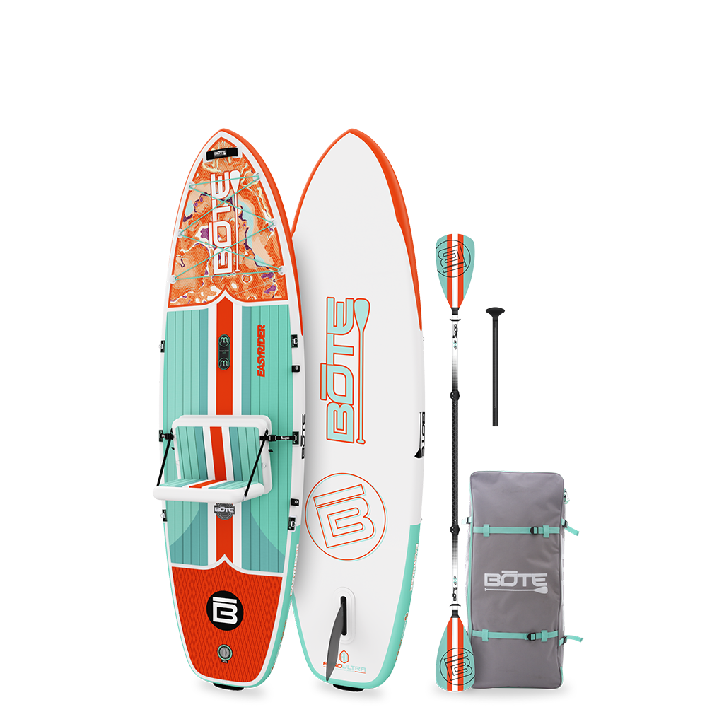 Top and bottom views of the EasyRider Aero, shown with carry bag and paddle.