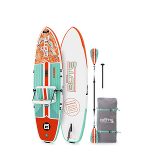Top and bottom views of the EasyRider Aero, shown with carry bag and paddle.