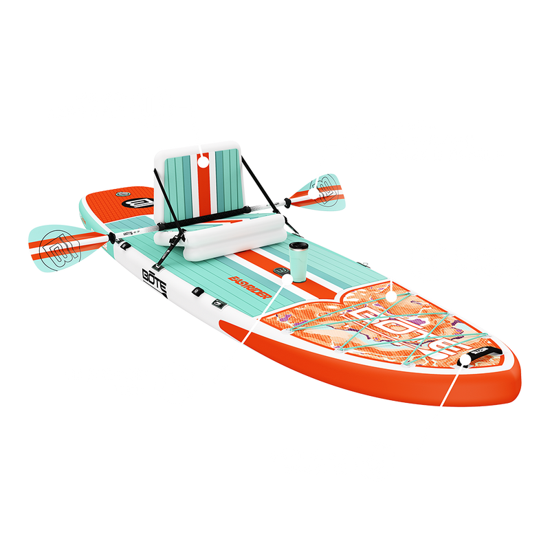 Product diagram of the BOTE EasyRider inflatable paddleboard displayed on a black background. The board features a teal deck with orange and white striped accents and a bungee cargo area near the nose. Callout labels identify six key features: an included Aero Seat (an inflatable backrest mounted at center); an included SUP+Kayak Hybrid Paddle (a two-bladed paddle in teal and orange); Front Bungees (a bungee cord storage system at the front of the board); MagnePod Duo (magnetic cup holders on the left side 