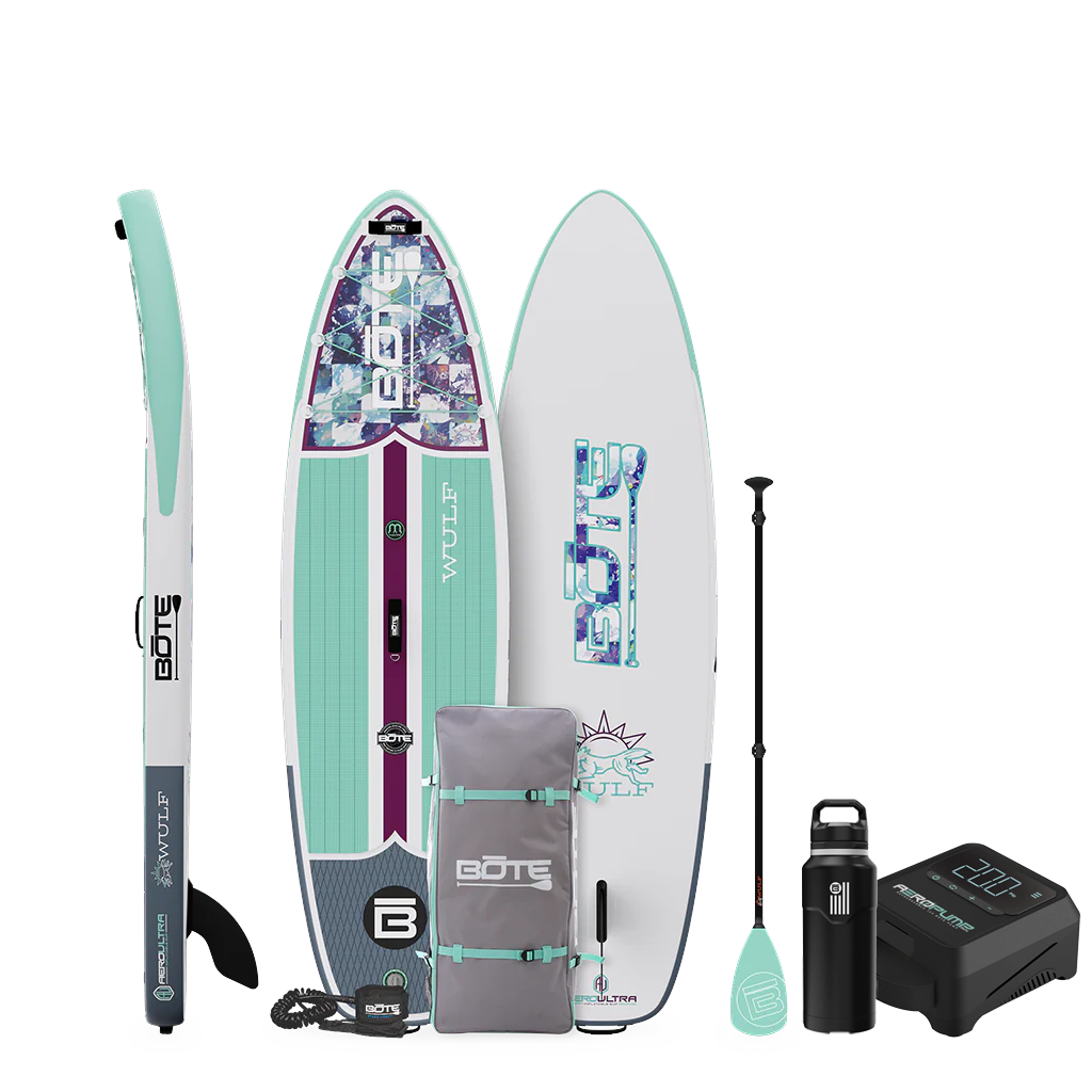 Side, top, and base view of the 10'4" WULF Aero Package in Native Glacier with paddle, bag, bottle, pump, and coiled leash.