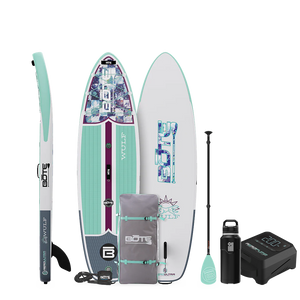 Side, top, and base view of the 10'4" WULF Aero Package in Native Glacier with paddle, bag, bottle, pump, and coiled leash.