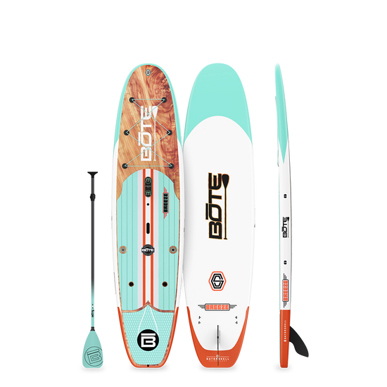 Breeze Gatorshell paddleboard in Classic colorway shown from top, bottom, and side with paddle.
