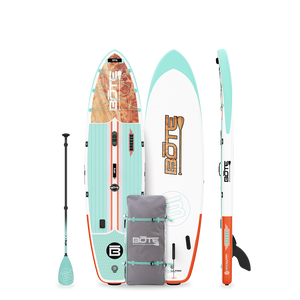 Breeze Aero inflatable SUP in teal/orange with wood graphic, shown with paddle and carry bag.