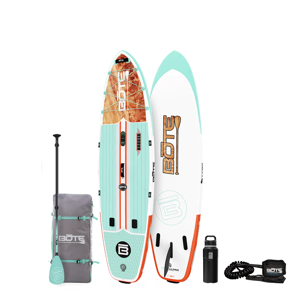 Top and base view of the 10'6" Breeze Aero Package in Classic Cedar with paddle, bag, bottle, and coiled leash.