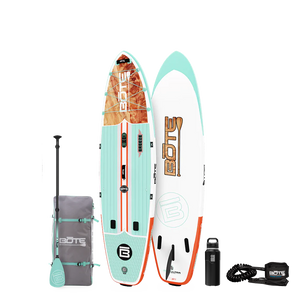 Top and base view of the 10'6" Breeze Aero Package in Classic Cedar with paddle, bag, bottle, and coiled leash.