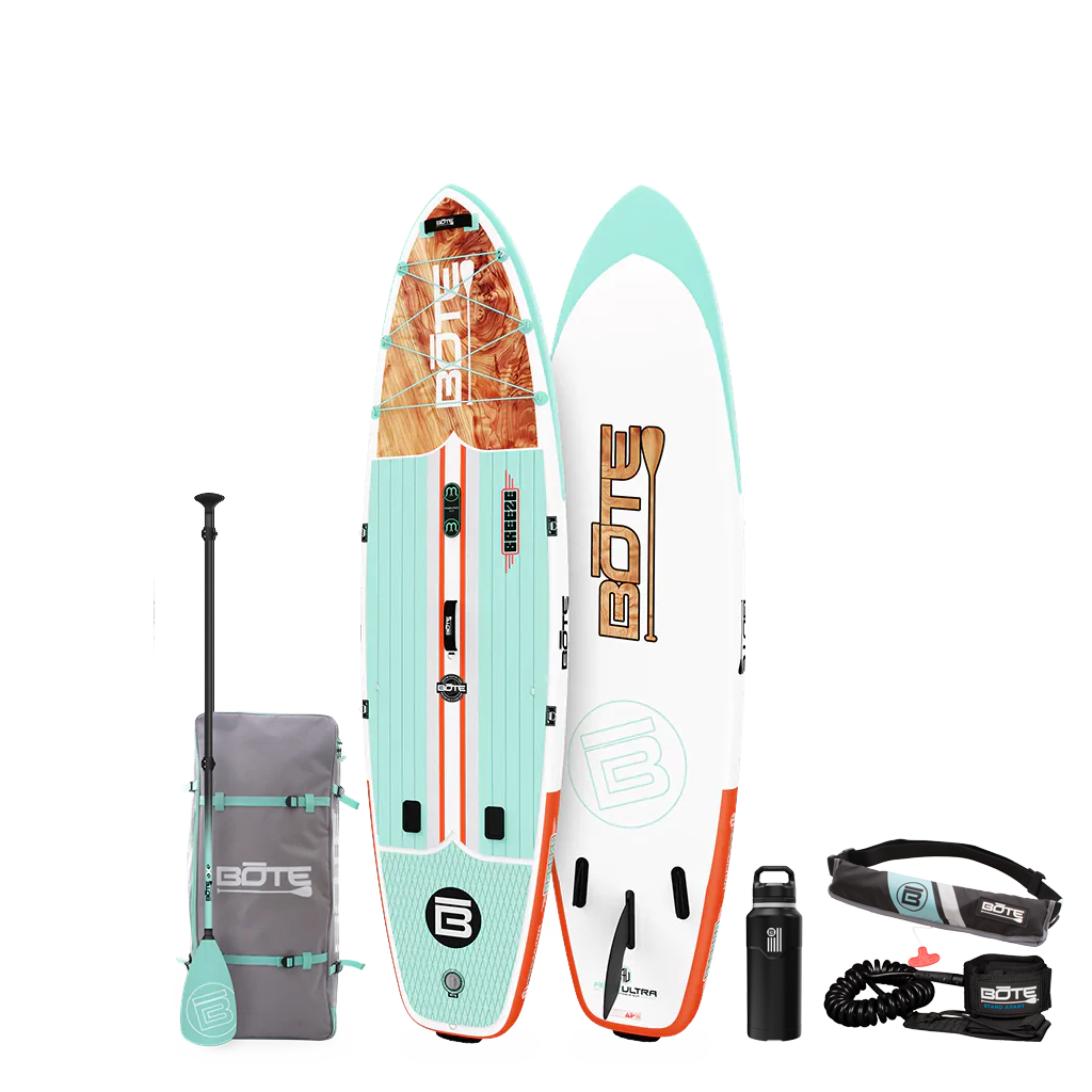 Top and base view of the 10'6" Breeze Aero Package in Classic Cedar with paddle, bag, bottle, pfd, and coiled leash.