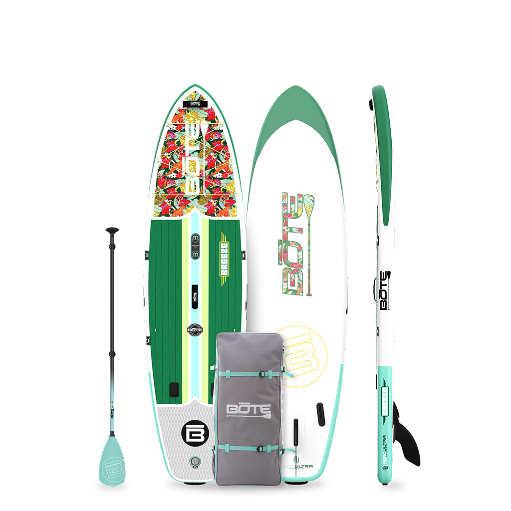 Top, bottom, and side view of Breeze Aero inflatable SUP in green with tropical floral graphic.