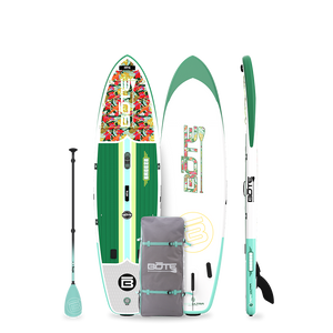 Top, bottom, and side view of Breeze Aero inflatable SUP in green with tropical floral graphic.