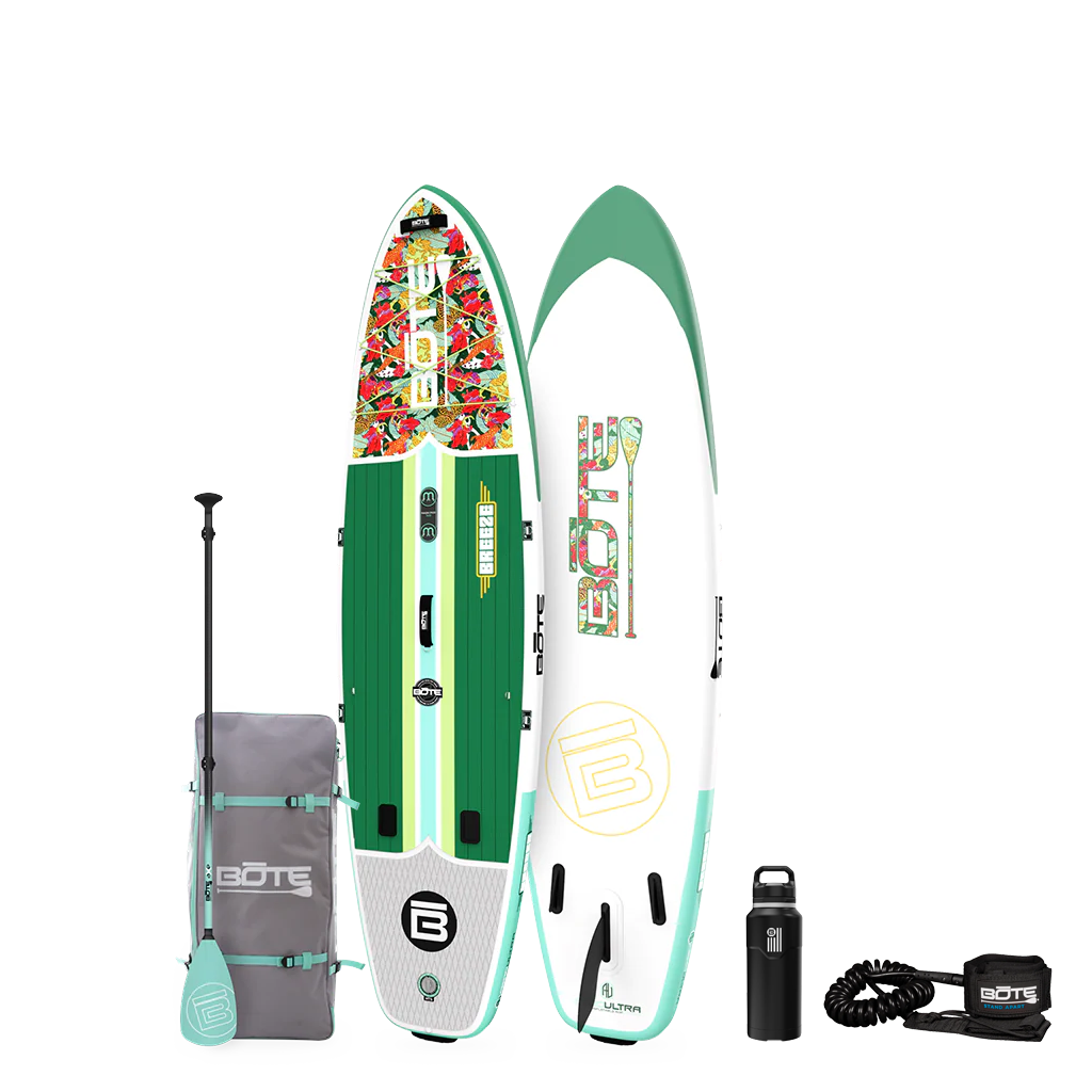 Top and base view of the 10'6" Breeze Aero Package in Native Begonia with paddle, bag, bottle, and coiled leash.