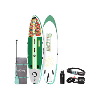Top and base view of the 10'6" Breeze Aero Package in Native Begonia with paddle, bag, bottle, pfd,  and coiled leash.
