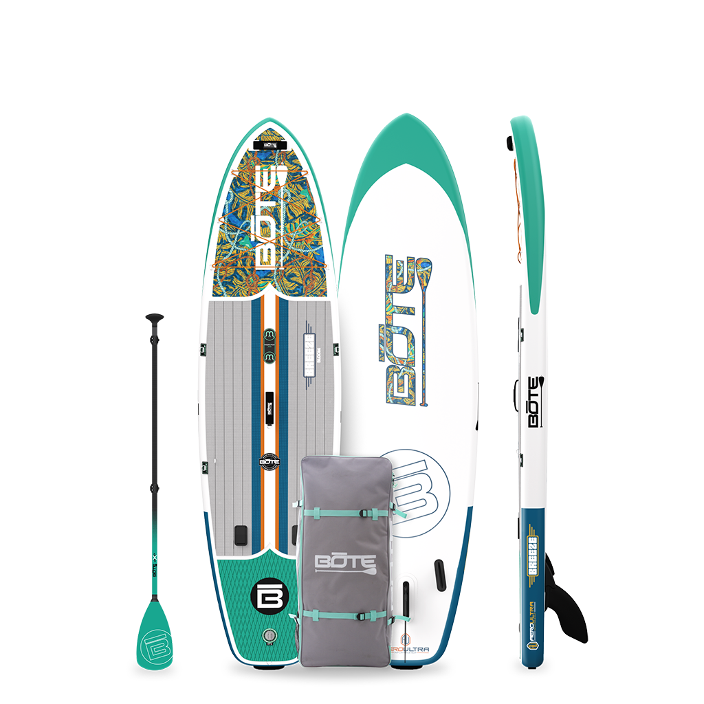 Top, bottom, and side view of Breeze Aero inflatable SUP in Native Tides colorway.