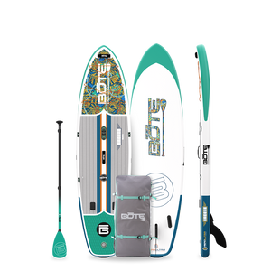 Top, bottom, and side view of Breeze Aero inflatable SUP in Native Tides colorway.