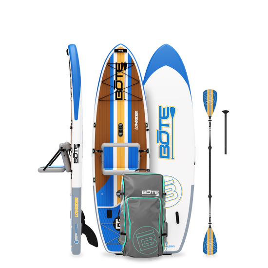 Front view of LowRider Aero inflatable SUP package in Full Trax with paddle, backpack, and pump.