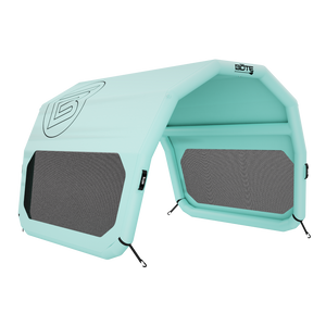 Turquoise inflatable shade tent with gray mesh panels on a white background with black BOTE logo