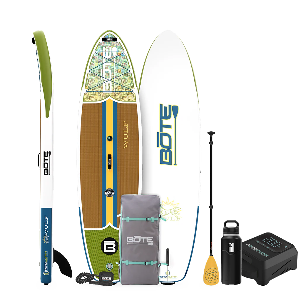 Side, top, and base view of the 11'4" WULF Aero Package in Native Scales with paddle, bag, bottle, pump, and coiled leash.