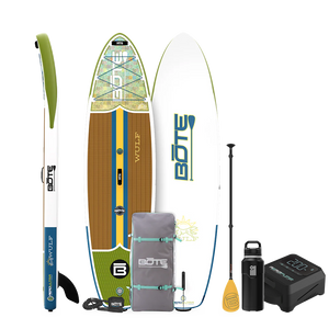 Side, top, and base view of the 11'4" WULF Aero Package in Native Scales with paddle, bag, bottle, pump, and coiled leash.