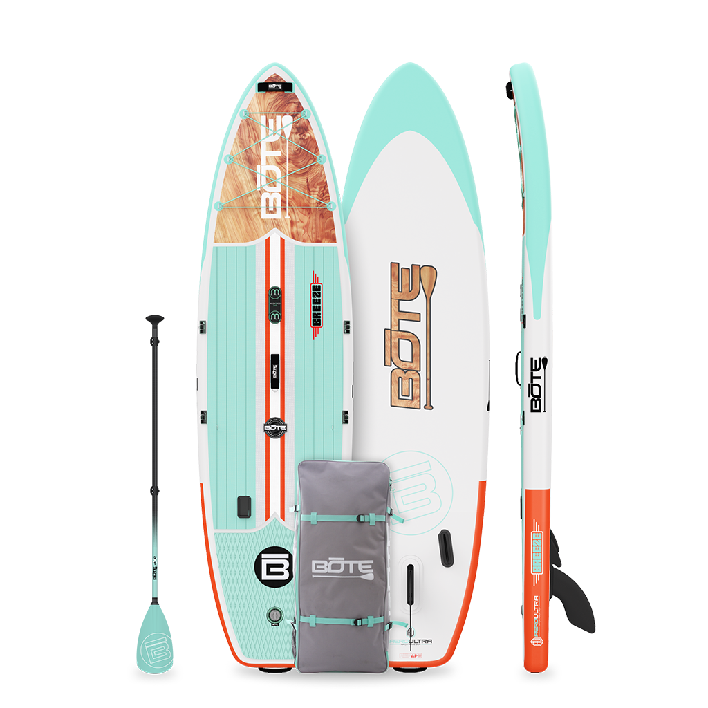 Top, bottom, and side view of Breeze Aero 11'6" inflatable SUP in teal and orange with wood graphic.