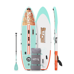 Top, bottom, and side view of Breeze Aero 11'6" inflatable SUP in teal and orange with wood graphic.