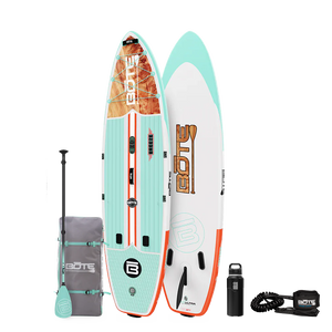 Top and base view of the 11'6" Breeze Aero Package in Classic Cedar with paddle, bag, bottle, and coiled leash.