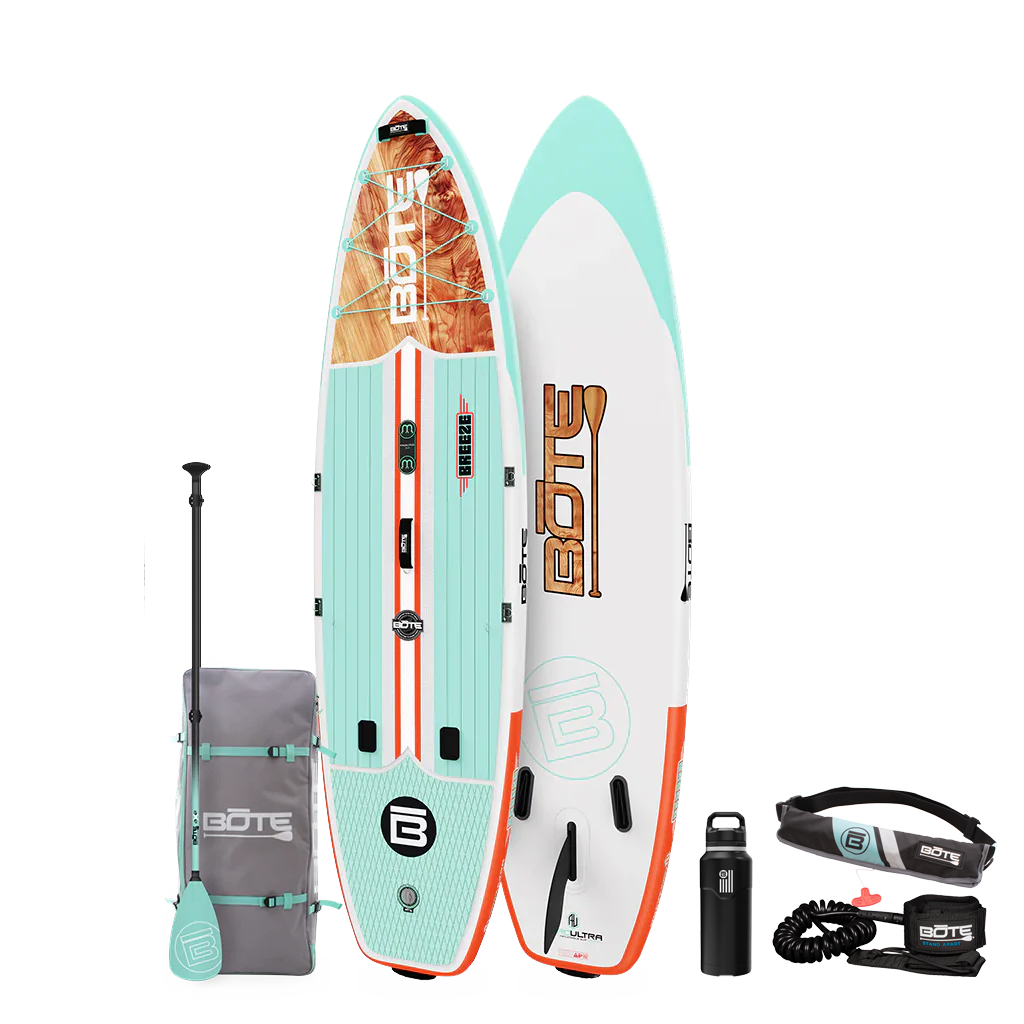 Top and base view of the 11'6" Breeze Aero Package in Classic Cedar with paddle, bag, bottle, pfd, and coiled leash.
