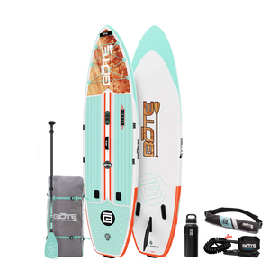 Top and base view of the 11'6" Breeze Aero Package in Classic Cedar with paddle, bag, bottle, pfd, and coiled leash.