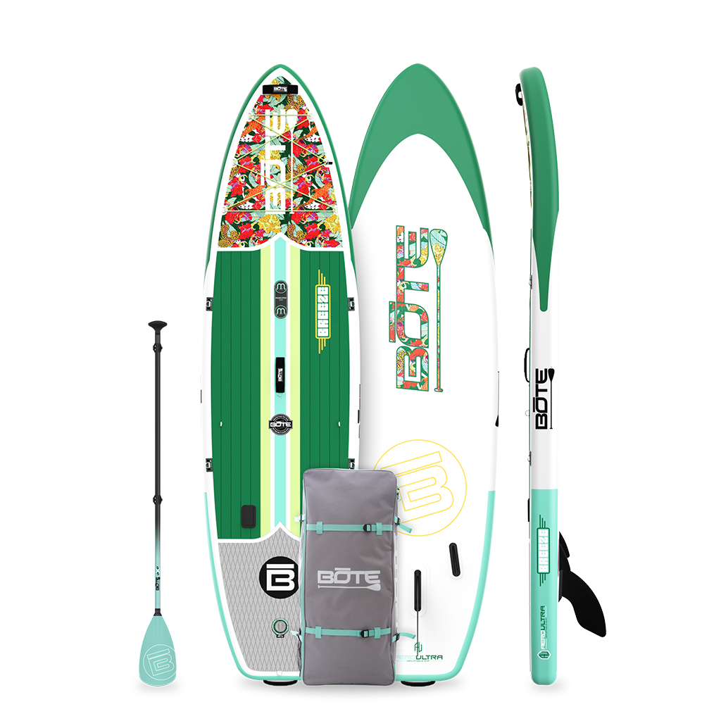 Top, bottom, and side view of Breeze Aero inflatable SUP in green with tropical floral graphic.