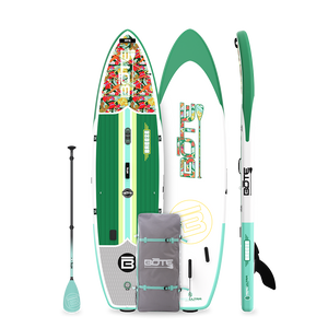 Top, bottom, and side view of Breeze Aero inflatable SUP in green with tropical floral graphic.