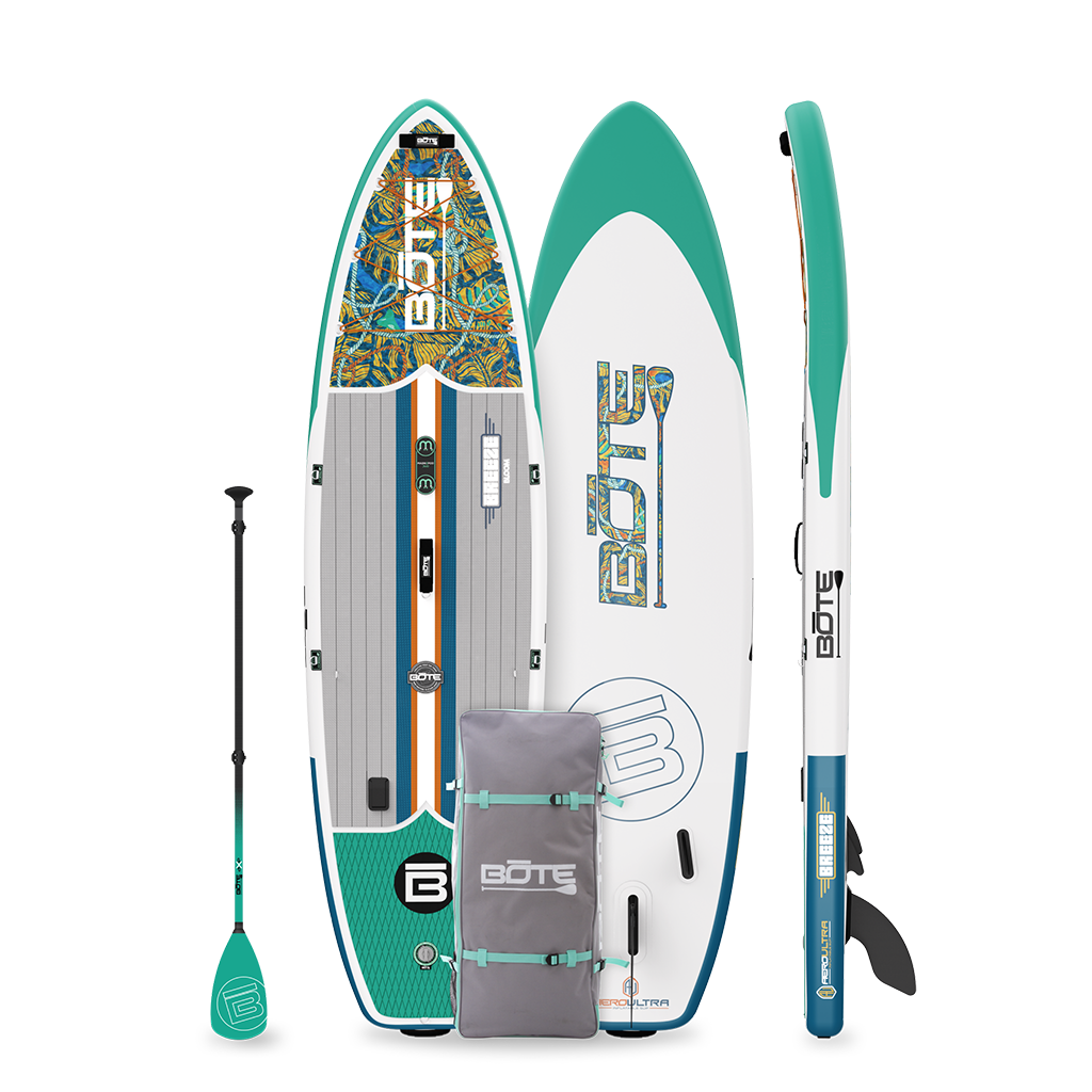 Top, bottom, and side view of 11'6" Breeze Aero inflatable SUP in Native Tides colorway.
