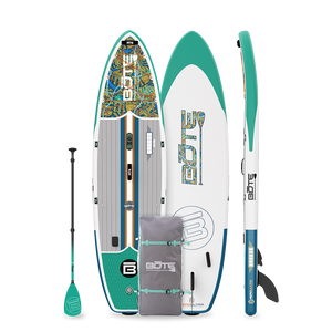 Top, bottom, and side view of 11'6" Breeze Aero inflatable SUP in Native Tides colorway.