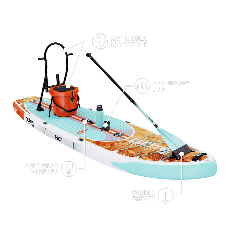 Angled view of HD Aero paddle board with feature callouts, cooler, and paddle attached.