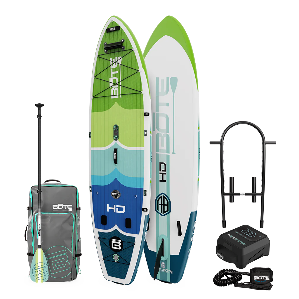 Top and base view of the HD Aero Package in Full Trax Navy Blue with paddle, bag, rack, pump, and coiled leash.