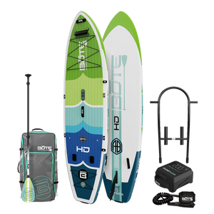 Top and base view of the HD Aero Package in Full Trax Navy Blue with paddle, bag, rack, pump, and coiled leash.